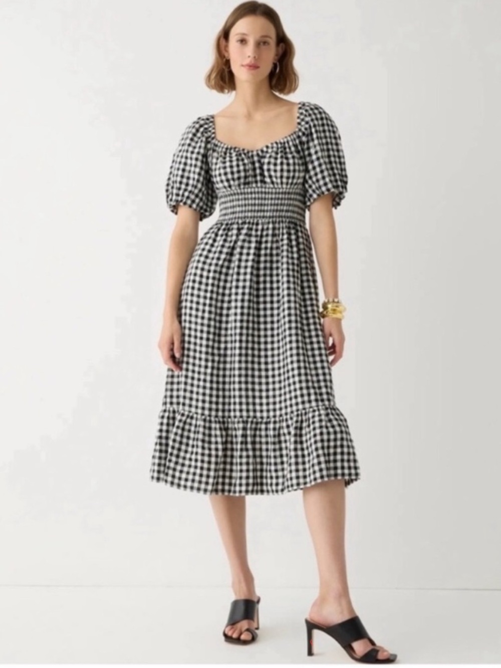 J.Crew 100% Linen Gingham Smocked Puff Sleeve Midi Dress XS